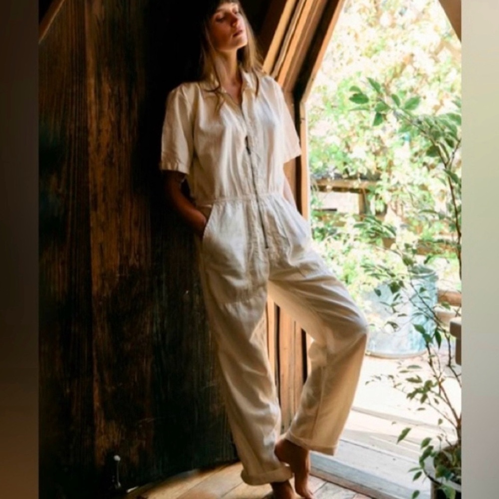 imogene + willie Cream Short-Sleeve Button Jumpsuit